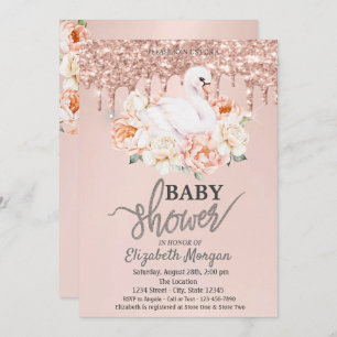 Watercolor Baby Swan Rose Gold Glitter Drips Invitation