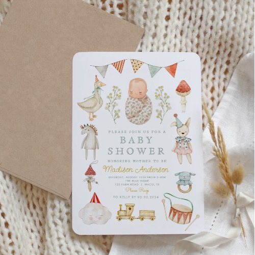 Watercolor Baby Toys Clothes Esentials Baby Shower Invitation