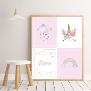 Watercolor Baby Unicorn Custom Name Girl Nursery Poster