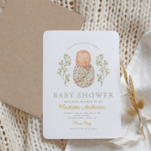 Watercolor Baby White Flowers Elegant Baby Shower Invitation