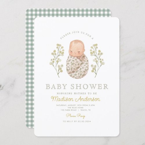 Watercolor Baby White Flowers Elegant Baby Shower Invitation