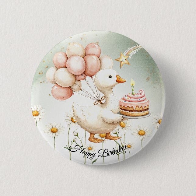 Watercolor Baby White Goose Birthday Party Cute Button (Front)