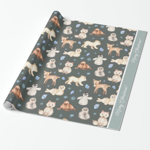 Watercolor Baby Winter Animals on Green Christmas Wrapping Paper