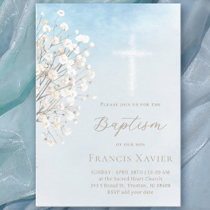 watercolor baby's breath Baptism baby boy Invitation