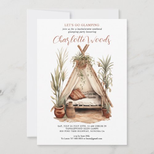 Watercolor Bachelorette Glamping Camping Party Invitation