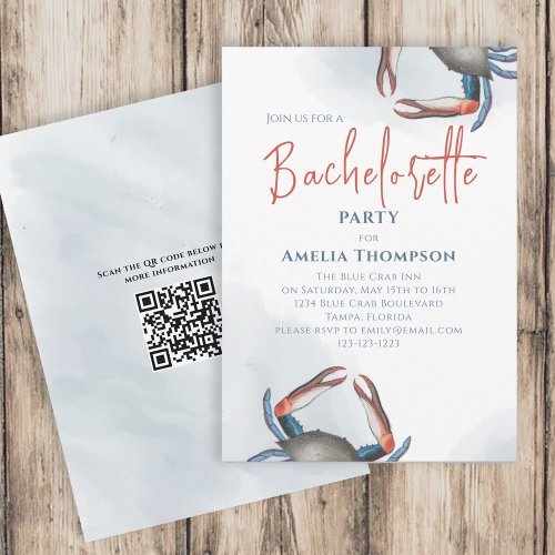 Watercolor Bachelorette Party Blue Crab QR Code Invitation