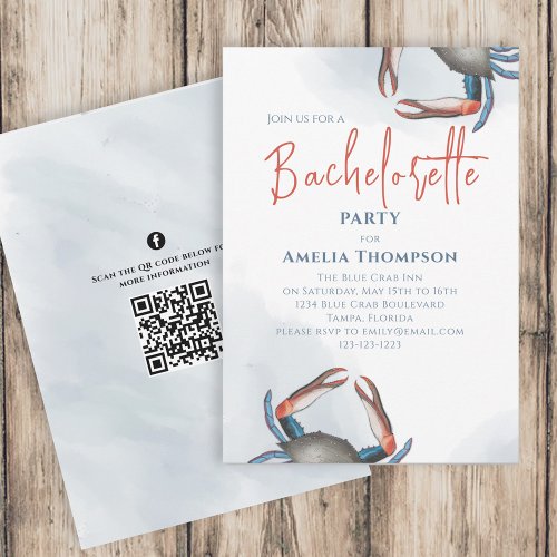 Watercolor Bachelorette Party Blue Crab QR Code Invitation