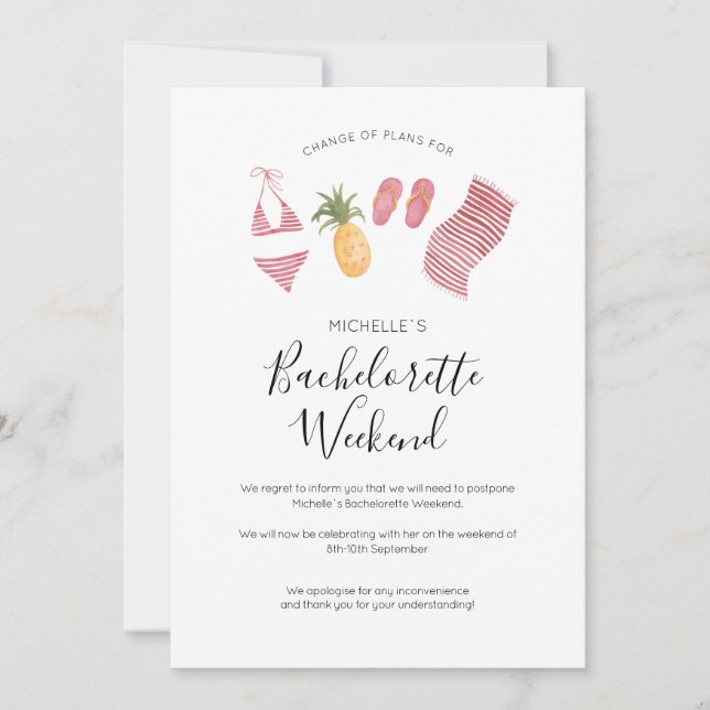 Watercolor Bachelorette Weekend Change of Plans Invitation (Front)