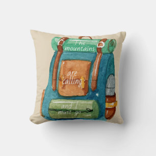 Watercolor Backpack and Mountain Quote Throw Pillow