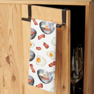 Watercolor Bacon & Eggs Breakfast Food Pattern Kitchen Towel