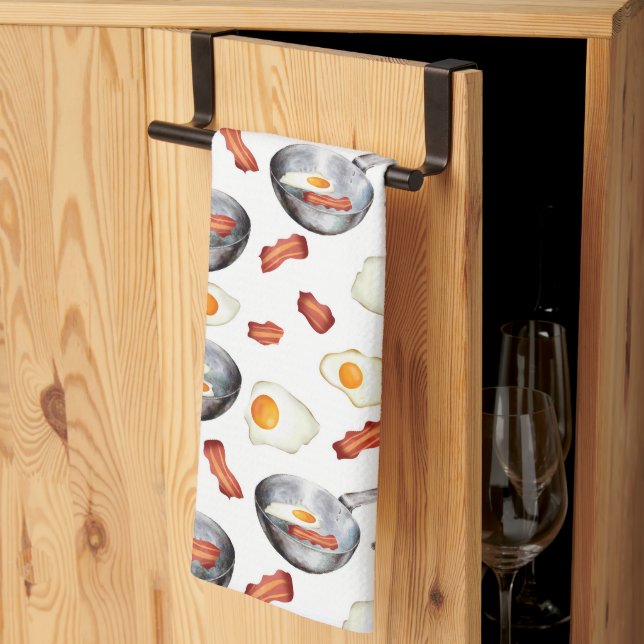 Watercolor Bacon & Eggs Breakfast Food Pattern Kitchen Towel (Thirds Fold)