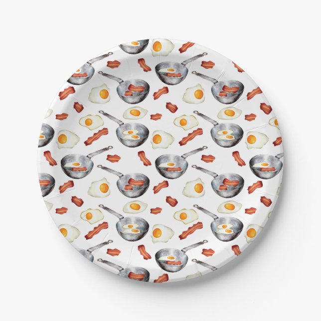 Watercolor Bacon & Eggs Breakfast Food Pattern Paper Plates (Front)