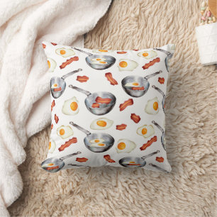Watercolor Bacon & Eggs Breakfast Food Pattern Throw Pillow