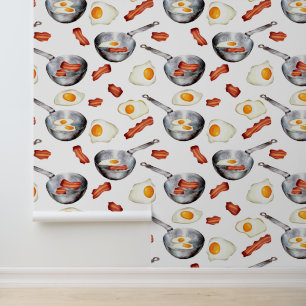 Watercolor Bacon & Eggs Breakfast Food Pattern Wallpaper