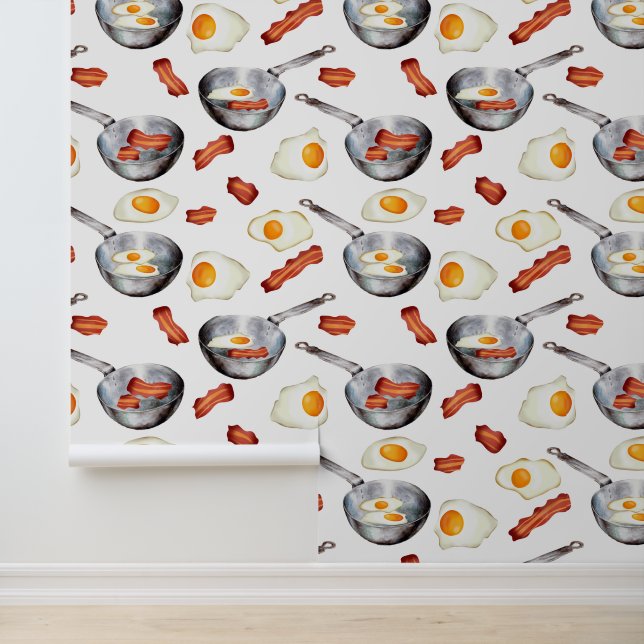 Watercolor Bacon & Eggs Breakfast Food Pattern Wallpaper (Application)