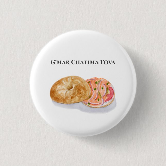 Watercolor Bagels Smoke Salmon G’mar Chatima Tova Button (Front)