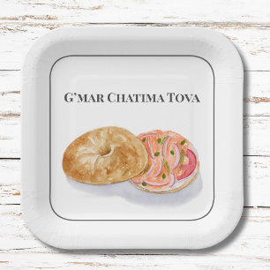 Watercolor Bagels Smoke Salmon G’mar Chatima Tova Paper Plates