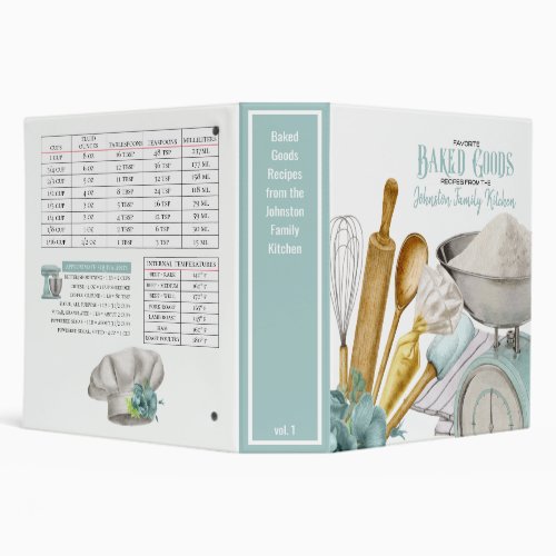 Baking Recipes Personalized 3 Ring Binder with Conversion Chart Gifts for Home Bakers