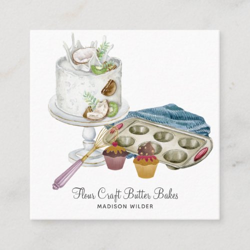 Watercolor Baker Pastry Chef Baked Good Tools Square Business Card