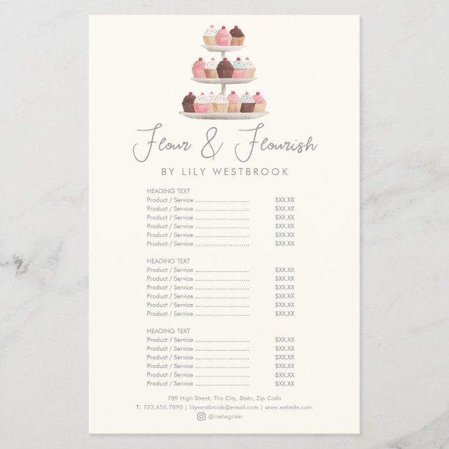 Watercolor Bakery Cupcake Elegant Service Menu Flyer (Front)