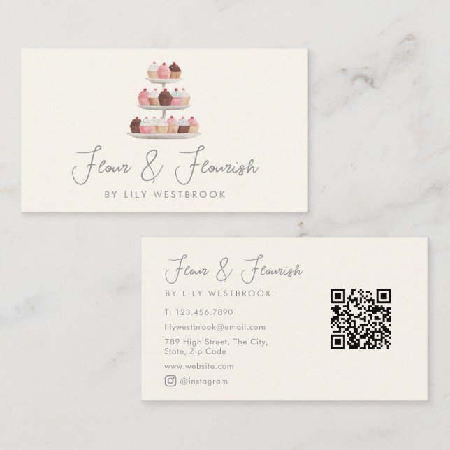 Watercolor Bakery Cupcakes Treats Script QR Code Business Card (Front/Back)