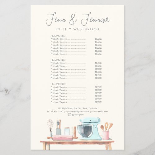 Watercolor Bakery Pastry Chef Elegant Service Menu Flyer