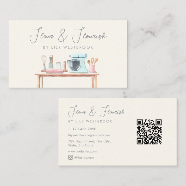 Watercolor Bakery Pastry Chef Script QR Code Business Card (Front/Back)