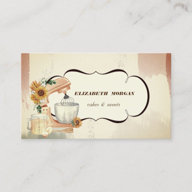 Watercolor Bakery Pastry Hand Tool Sunflowers Business Card (Front)
