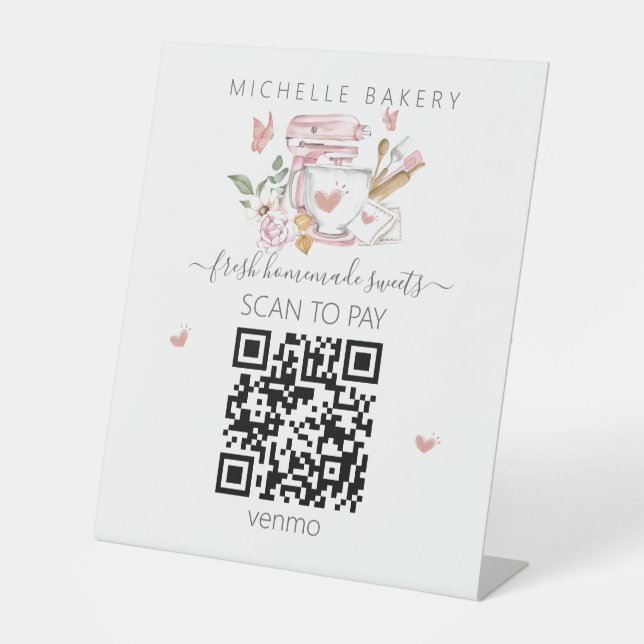 Watercolor Bakery stand mixer QR CODE Payment Pedestal Sign (Front)
