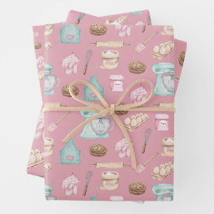 Watercolor Baking on Pink Wrapping Paper Sheets