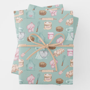 Watercolor Baking on Sage Green Wrapping Paper Sheets