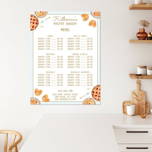 Watercolor Baking Pie and Pastry Shop Bakery Menu Poster