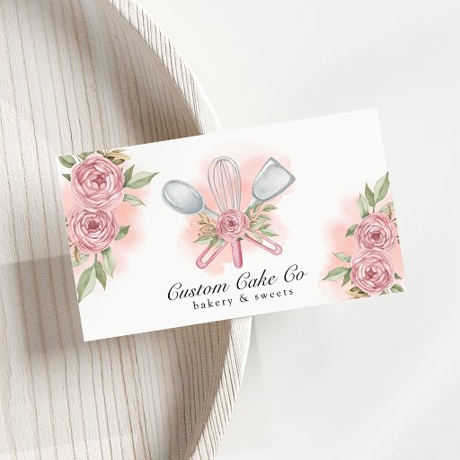 Customizable Watercolor Baking Tools Bakery Pink Business Card