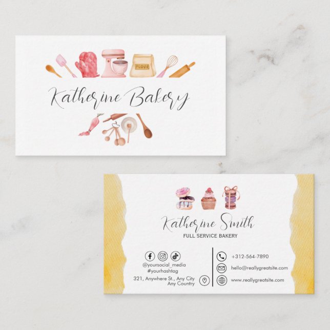 Watercolor Baking Utensil Bakery  Business Card (Front/Back)
