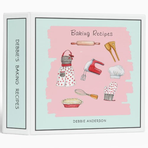 Watercolor Baking Utensils Recipe  3 Ring Binder