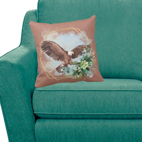 Watercolor Bald Eagle Framed Bouquet Throw Pillow