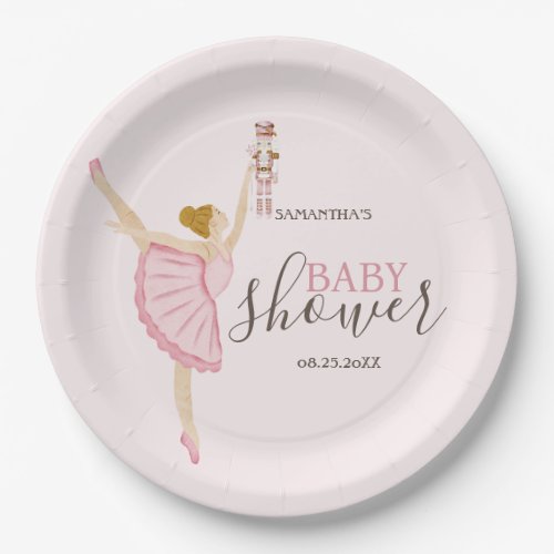 Watercolor Ballerina Nutcracker Pink Baby Shower Paper Plates