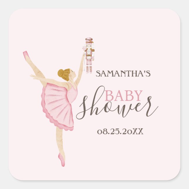 Watercolor Ballerina Nutcracker Pink Baby Shower Square Sticker (Front)