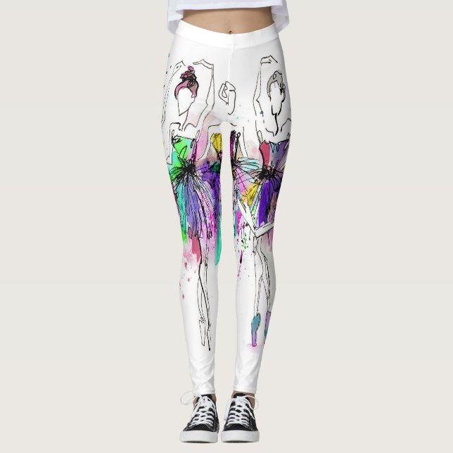 Watercolor Ballerinas: Bright Dance Illustration Leggings (Front)