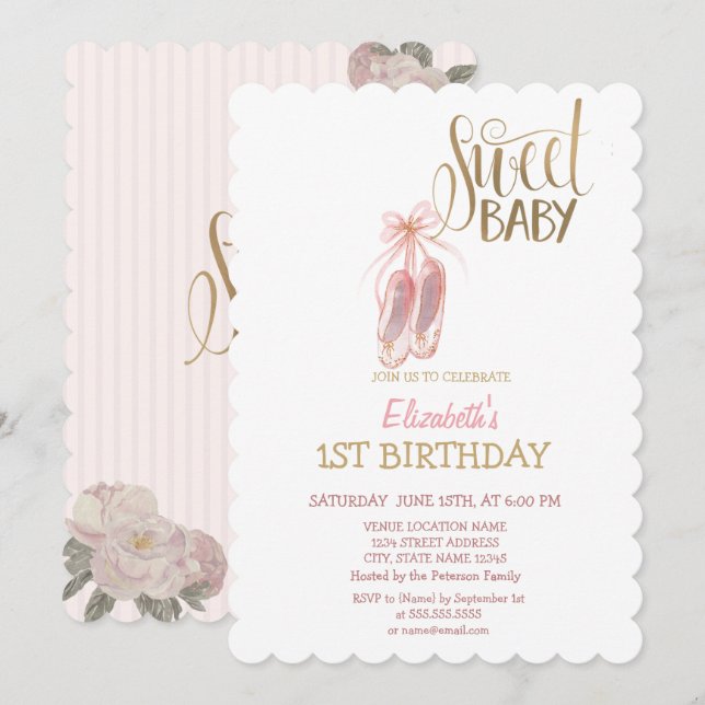Watercolor Ballet Shoes Striped Birthday  Invitation (Front/Back)