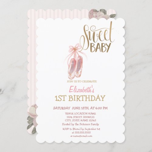 Watercolor Ballet Shoes Striped Birthday  Invitation