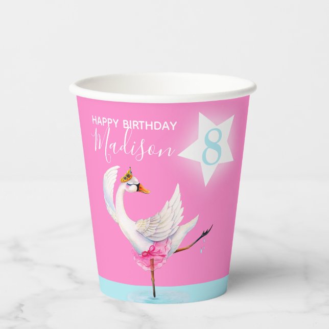 Watercolor ballet swan daughter 8th birthday paper cups (Front)