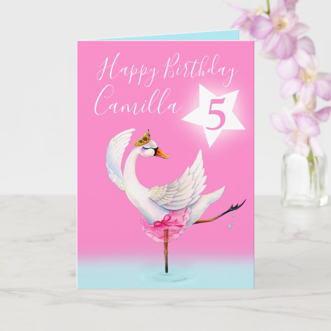 Watercolor ballet swan personalized 6th birthday card (Orchid)
