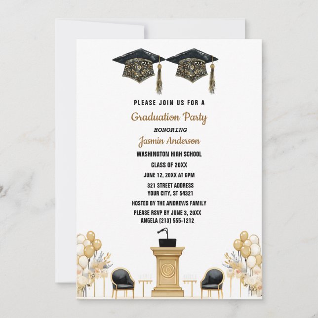 Watercolor balloon and hats Graduation Party  Invitation (Front)