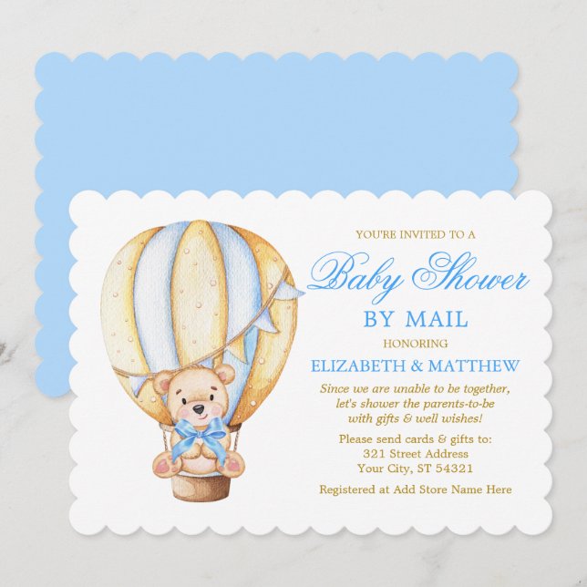 Watercolor Balloon Bear Blue Gold Shower by Mail Invitation (Front/Back)