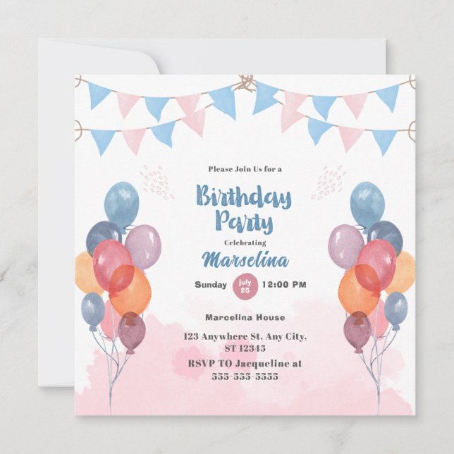 Watercolor Balloon birthday party Invitation Card  (Front)