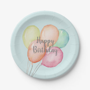 Watercolor Balloon Bunch Blue Birthday Paper Plates