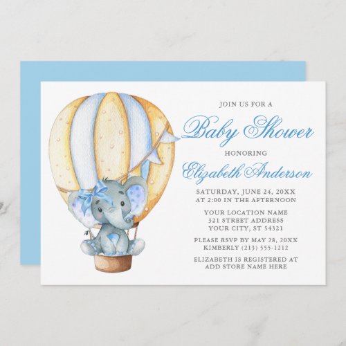 Watercolor Balloon Elephant Blue Bow Baby Shower Invitation