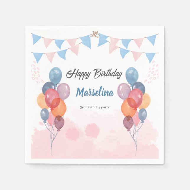 Watercolor Balloon girl birthday party  Napkins (Front)