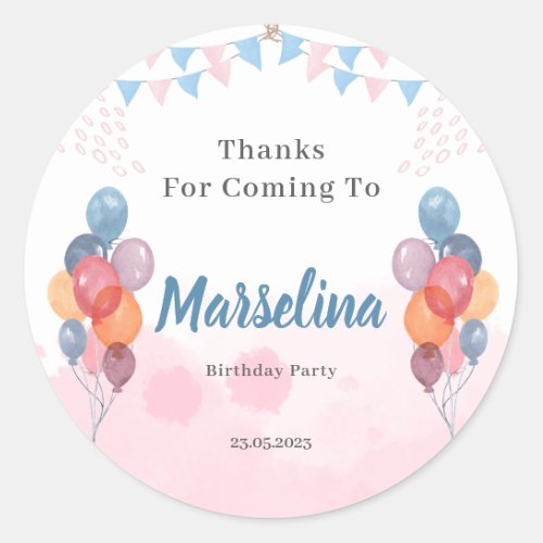 Watercolor Balloon girl birthday party thank you  Classic Round Sticker